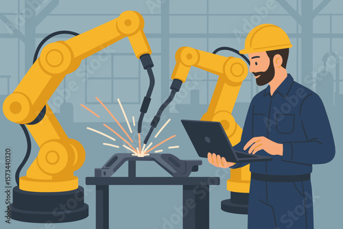 Engineer Operating Laptop Supervising Robotic Welding Arms Automation in Smart Automotive Factory, Industrial Robotics, Manufacturing Technology, Modern Vector Illustration