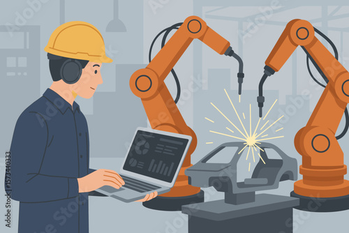 Engineer Operating Laptop Monitoring and Controlling Industrial Welding Robots in Smart Automotive Factory, Automated Robotic Arms, Car Manufacturing, Data Analysis, Flat Vector Illustration