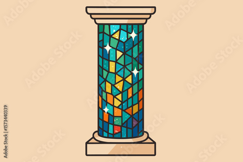 Glister mosaic glass pillar for interior decoration, modern flat vector cartoon illustration, colorful stained glass column, decorative architectural element, vibrant pattern