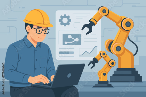 Industrial Engineer Using Laptop for Robotics Automation, Software Installation, Maintenance, Smart Factory, Robotic Arm Control, Data Analysis, Industrial Automation, Modern Vector Illustration