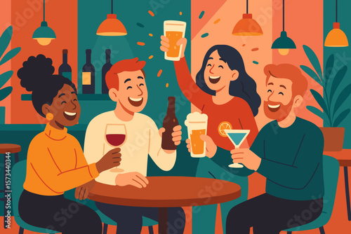 Group of Happy Friends Enjoying Drinks Together at Vibrant Bar, Celebrating Party, Friendship, Social Gathering, Cheers, Modern Flat Vector Cartoon Illustration