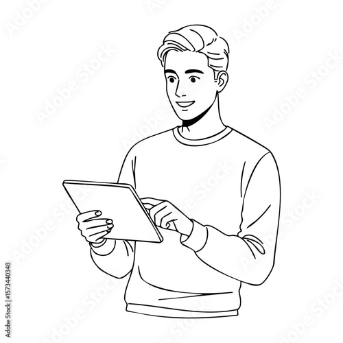 Young caucasian male using tablet device with enthusiastic expression. Vector hand-drawn doodle illustration