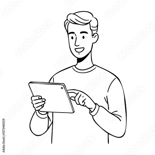 Young adult caucasian male using tablet in casual pose line art. Vector hand-drawn doodle illustration