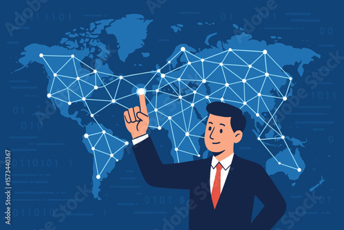 Businessman Touching Global Network, Data Exchange, Digital World Map, Big Data, Technology, Connectivity, Cybersecurity, Communication, Innovation, Internet, Modern Vector