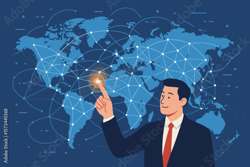 Businessman Connecting Global Network, Data Exchange, Cyberspace Technology, Digital Communication, World Map, Big Data, Internet, Modern Flat Vector Illustration