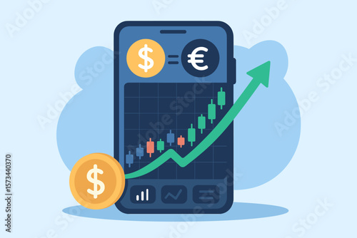 Currency Exchange Profit Growth Chart on Mobile Trading App, Rising Candlestick Graph, Dollar Euro Forex Market, Financial Investment, Upward Trend, Vector Illustration