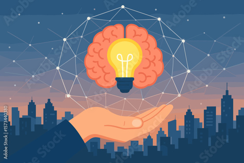 Brainstorming Innovation Concept. Human Hand Holding Brain and Light Bulb. Creative Idea, Imagination, Intelligence, Networking, Digital Connection, City Skyline, Modern Flat Vector Illustration