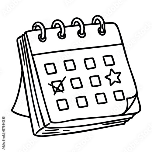 Spiral bound calendar with marked date and star symbol. Vector hand-drawn doodle illustration