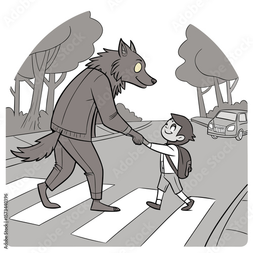A friendly wolf helps a young boy cross the street safely at a crosswalk holding hands as they walk together with trees and a car in the background