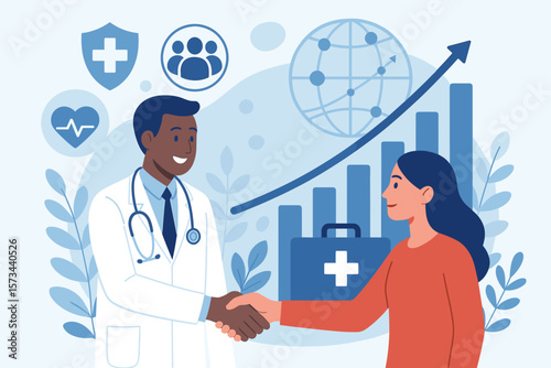 Healthcare Business Growth, Doctor and Patient Handshake, Medical Community, Health Awareness, Rising Hospital and Insurance Market, Global Medical Industry Success