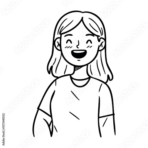 Smiling female cartoon character with long hair and t-shirt. Vector hand-drawn doodle illustration