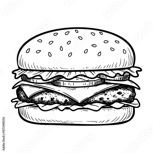 Hand-drawn sketch of a classic cheeseburger with lettuce and tomato. Vector hand-drawn doodle illustration