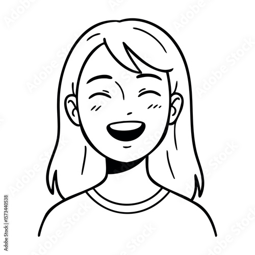 Smiling asian female teen cartoon character with long hair and closed eyes. Vector hand-drawn doodle illustration