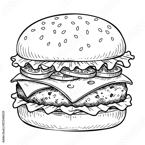 Detailed black and white burger sketch with cheese and lettuce. Vector hand-drawn doodle illustration