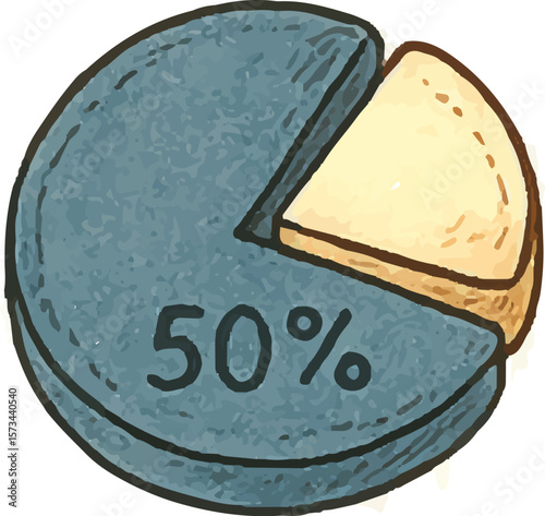 50% pie chart illustration representing data visualization and statistics.
