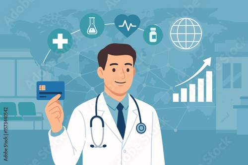 Doctor Holding Credit Card with Healthcare, Medical, Banking, Financial, Data Analytics, Business Growth, and Global Network Icons – Medicine, Finance, Technology Integration, Hospital Concept