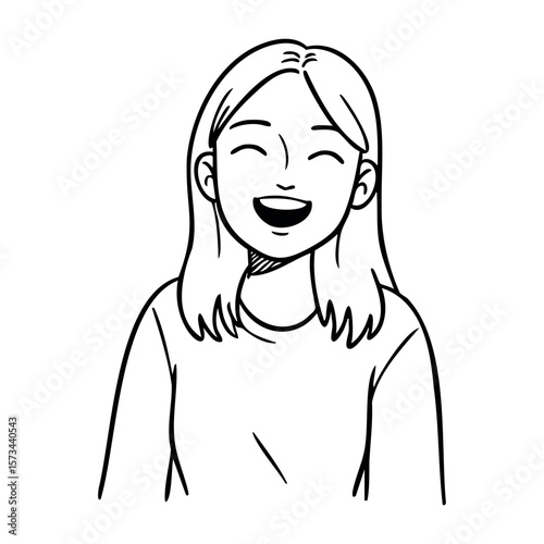 Smiling young asian female with long hair in casual t-shirt sketch. Vector hand-drawn doodle illustration