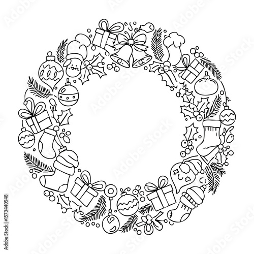 Festive holiday wreath with ornaments gifts and bells. Vector hand-drawn doodle illustration