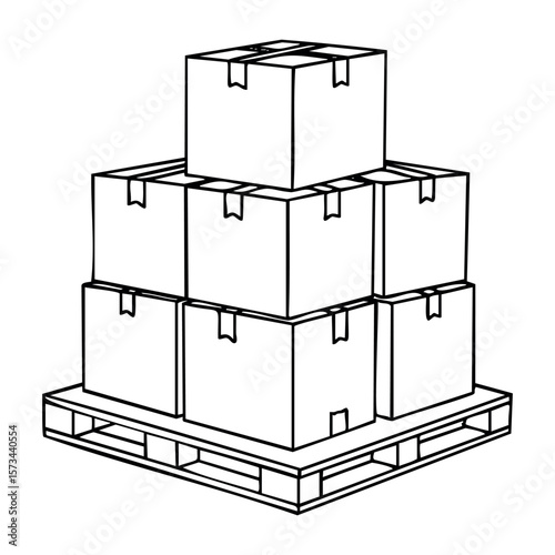 Stack of cardboard boxes on wooden pallet for shipping and storage. Vector hand-drawn doodle illustration