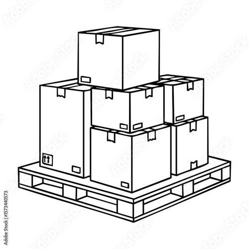 Stacked cardboard boxes on pallet for shipping and storage in warehouse. Vector hand-drawn doodle illustration