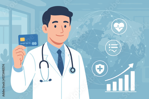 Doctor Holding Credit Card with Stethoscope, Medical Finance Icons, Data Analytics, Business Growth Chart, Global Healthcare Network, Medicine, Banking, Financial Technology