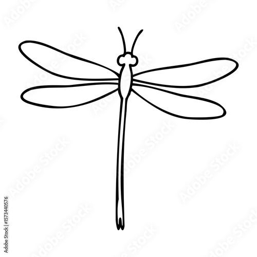 Simple outline of a dragonfly with open wings. Vector hand-drawn doodle illustration