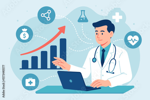 Medical business growth analytics. Doctor analyzing healthcare data chart with laptop. Research, innovation, investment, financial success, professional network, medical technology.