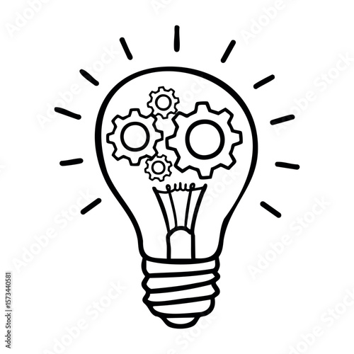Innovative idea concept with gears inside light bulb illustration. Vector hand-drawn doodle illustration