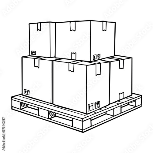 Stacked cardboard boxes on wooden pallet illustration. Vector hand-drawn doodle illustration
