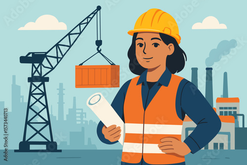 Female Industrial Engineer at Construction Site with Hard Hat, Safety Vest, Blueprint, Crane, Shipping Container, Factory, Industrial Background, Flat Vector Illustration
