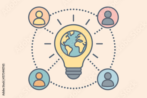 Global Collaboration Network Concept. Light Bulb with Earth Globe, Connected Diverse People Icons, Innovation, Communication, Teamwork, International Partnership, Idea Sharing, Flat Vector