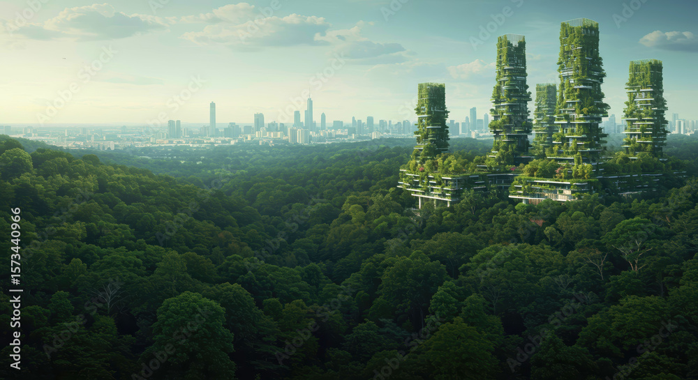 Obraz premium Futuristic green buildings emerging from dense forest landscape 