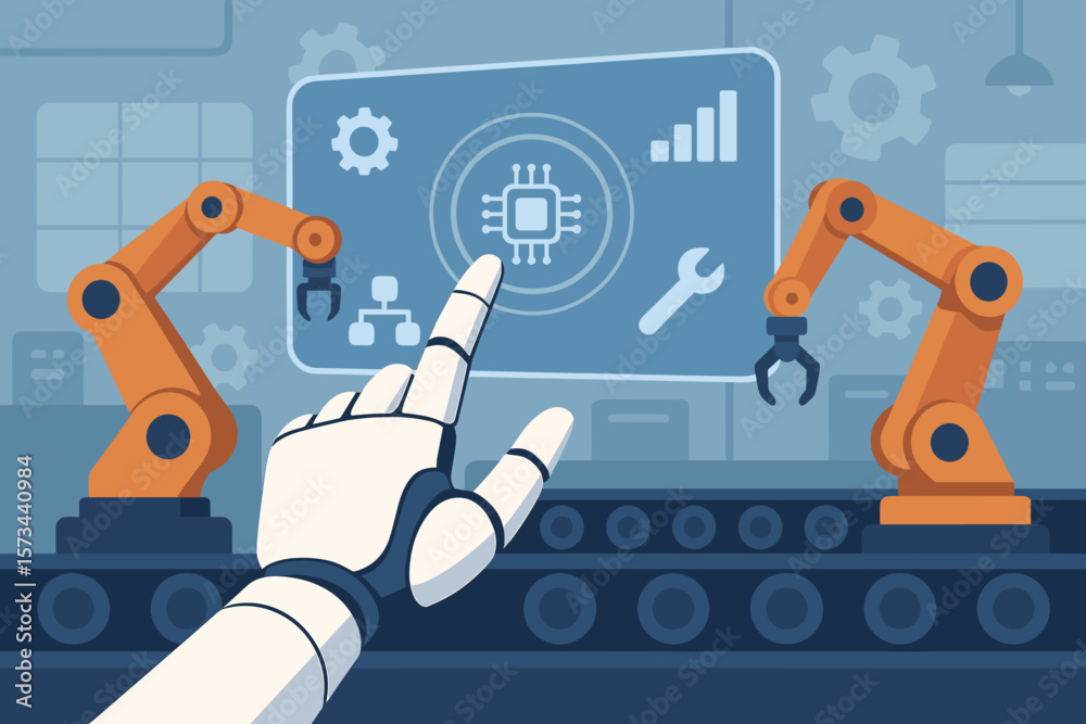 Fototapeta premium Robotic Hand Operating Industrial Automation Arms on Virtual Reality Touchscreen Interface, AI Technology, Smart Factory, Machine Learning, Modern Vector Illustration