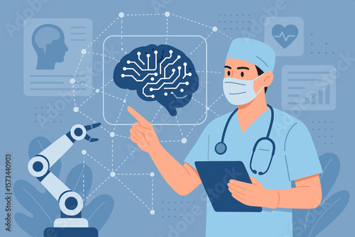 Artificial Intelligence Medical Technology, Surgeon Doctor Analyzing Brain Diagnostics, Robotic Healthcare Innovation, Digital Neural Network, Modern Medical Interface, Brain Test Results
