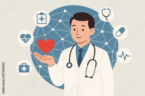 Medical Doctor Holding Red Heart, Healthcare Network Icons, Modern Medical Technology, Digital Health Concept, Stethoscope, Heartbeat, Medicine, Virtual Interface