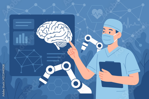 Advanced Medical Technology and Artificial Intelligence in Healthcare—Surgeon Analyzing Brain Scan Results with Robotic Assistance, Digital Interface, Innovation, Diagnosis, Neural Network