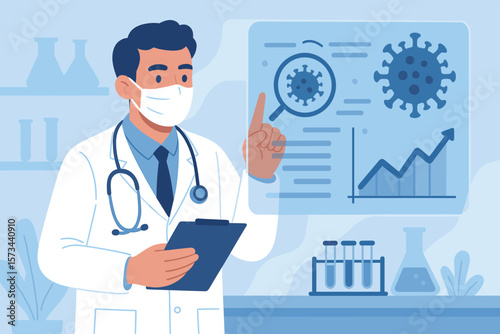 Doctor Analyzing Coronavirus Test Results with Virtual Data Screen, Laboratory Research, COVID-19 Diagnosis, Medical Innovation, Disease Prevention, Healthcare Science