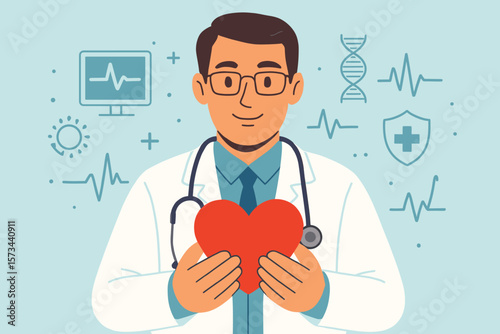 Medical Doctor Holding Red Heart Symbol, Healthcare Technology Concept, Stethoscope, Modern Flat Vector Illustration, Cardiologist, Health Protection, Hospital Care, Wellness, Digital Medicine
