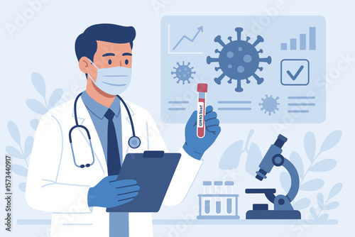 Medical doctor analyzing COVID-19 test results in laboratory, virus research, pandemic diagnosis, innovative healthcare technology, coronavirus detection, laboratory science concept