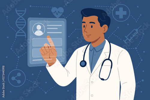 Medical doctor using digital interface to access and diagnose patient electronic health records. Modern healthcare technology, DNA, virtual medical data network, stethoscope, innovation