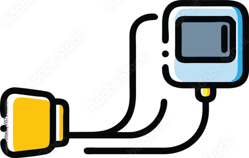 Minimalist Black Line Art Icon of a Digital Blood Glucose Meter with Yellow and Light Blue Accents Connected by Thick Black Lines A Simple