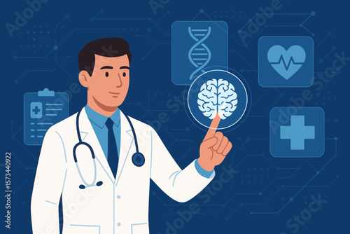 Medical doctor in white coat with stethoscope interacting with virtual screen, brain analysis, DNA, digital healthcare, electronic medical record, modern technology interface