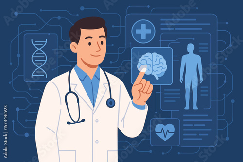 Medical doctor using virtual screen for brain analysis, DNA research, electronic health record, digital healthcare technology, futuristic medical network interface concept