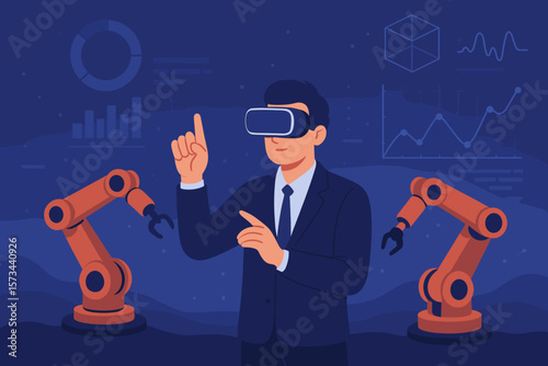 Metaverse technology manager engineer using VR virtual reality goggles to analyze and control automation robotic arms, machine learning, real-time data visualization, digital industry