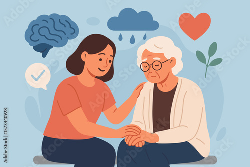Elderly Mental Health Support, Compassionate Caregiver and Senior Woman, Depression, Dementia, Brain Health, Emotional Support, Flat Vector Illustration, Healthcare, Counseling, Aging, Heart, Wellness