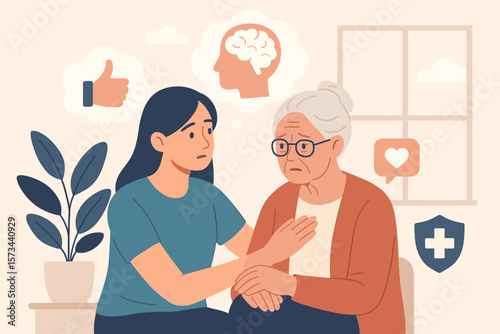 Senior Mental Health Support, Elderly Caregiver Comfort, Compassionate Aging Assistance, Dementia Awareness, Brain Health, Emotional Support, Healthcare, Family, Home Care, Vector Illustration