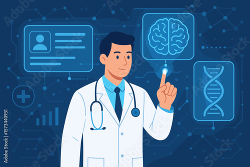 Medical doctor interacting with digital health records on virtual interface, brain analysis, DNA research, futuristic healthcare technology, network data, electronic medicine