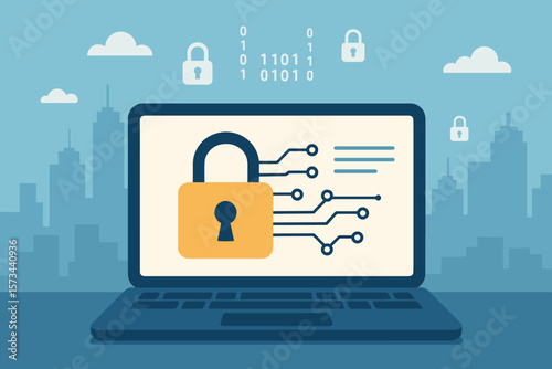 Cybersecurity Concept: Laptop with Padlock, Data Encryption, Secure Network, City Skyline, Internet Privacy, Digital Protection, Secure Business, Information Safety