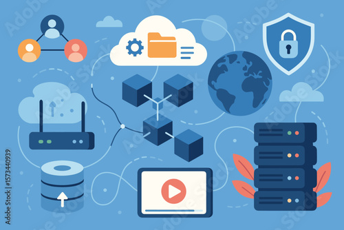 Cloud computing network services, blockchain data storage, secure server backup, internet cybersecurity, digital technology, social networking, global online connection