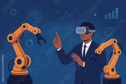 Metaverse technology manager engineer using VR virtual reality headset to analyze and control automation robotic arms with real-time data in futuristic digital factory environment